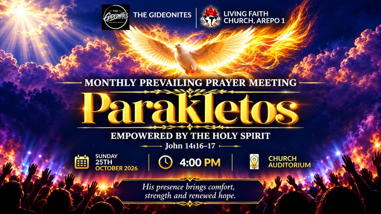 PARAKLETOS monthly prayer meeting flyer for Sunday 25 October 2026 at 4:00 pm in the LFC Arepo 1 Church Auditorium